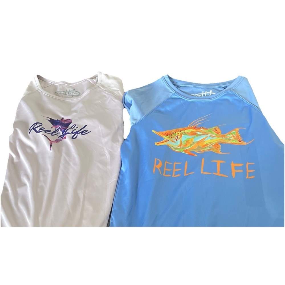 Reel Life Lot of 2 Womens‎ Fishing Top Shirts Purple Blue Scoop Neck Sizes S&L